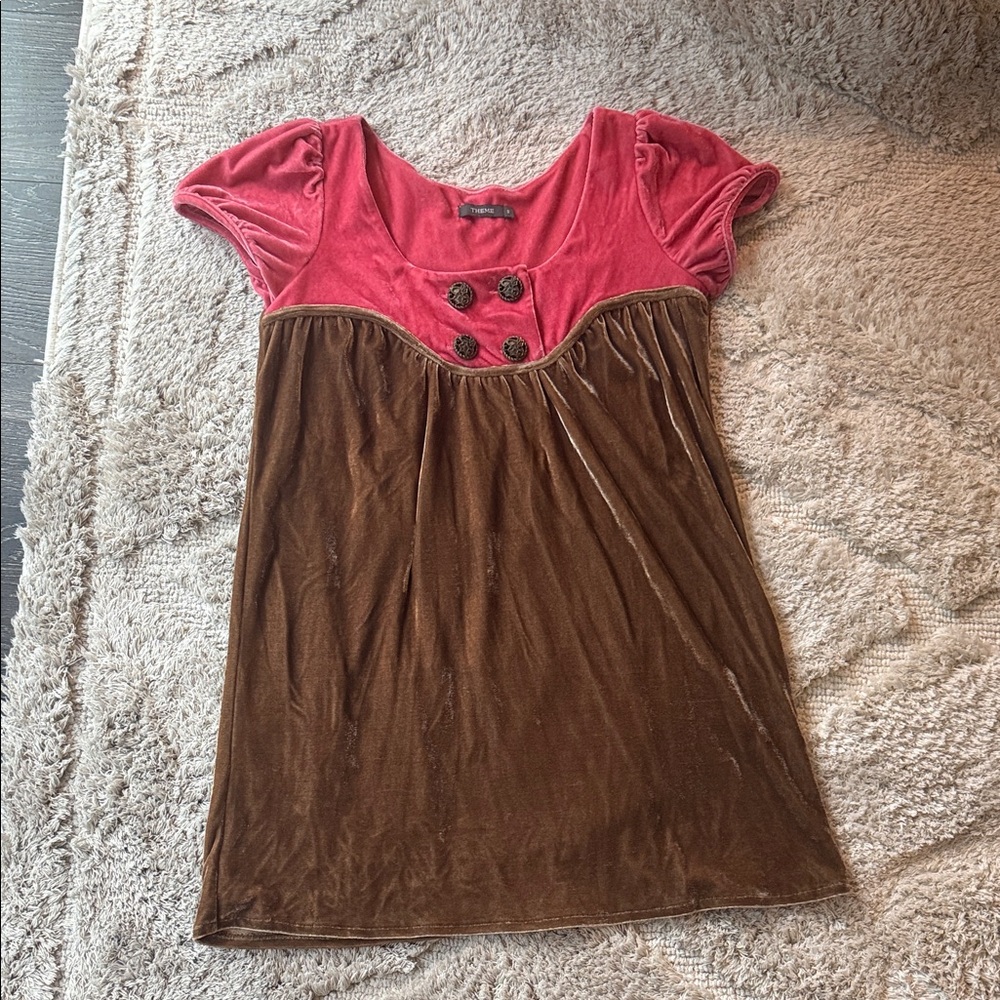 THEME NYC Sz Small Velvet Pink & Brown Dress with Cap Sleeves & button detail